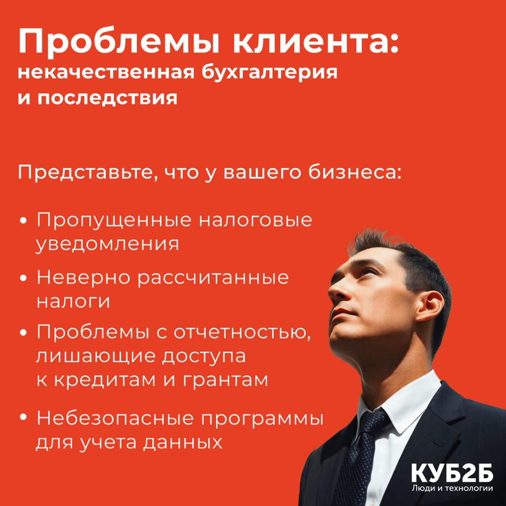 Инфографика КУБ2Б «Проблемы клиента: некачественная бухгалтерия и последствия» на красном фоне с портретом мужчины в костюме: список последствий — пропущенные налоговые уведомления, неверно рассчитанные налоги, проблемы с отчётностью, лишающие доступа к кредитам и грантам, небезопасные программы для учёта данных