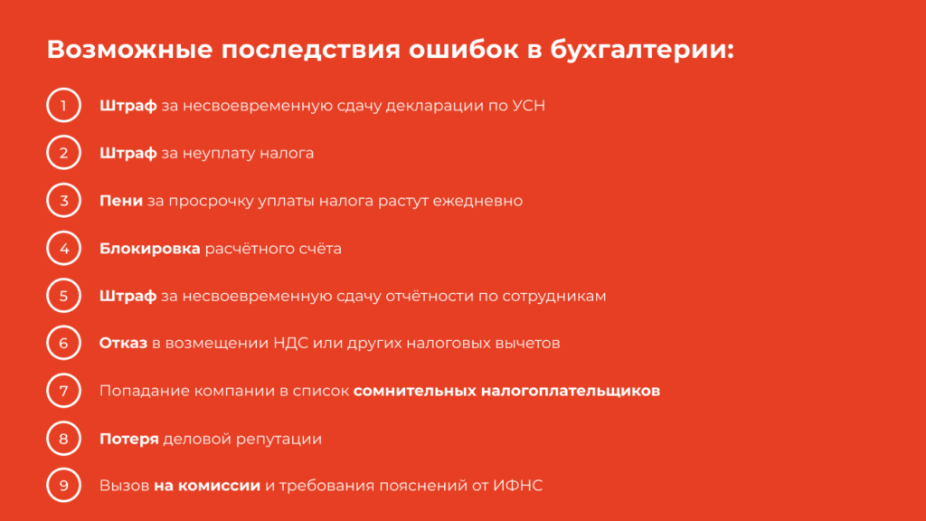 Инфографика «Возможные последствия ошибок в бухгалтерии» на красном фоне: 9 пронумерованных пунктов — штраф за несвоевременную сдачу декларации по УСН, штраф за неуплату налога, пени, блокировка расчётного счёта, штраф за отчётность по сотрудникам, отказ в возмещении НДС, попадание в список сомнительных налогоплательщиков, потеря деловой репутации, вызов на комиссию в ИФНС