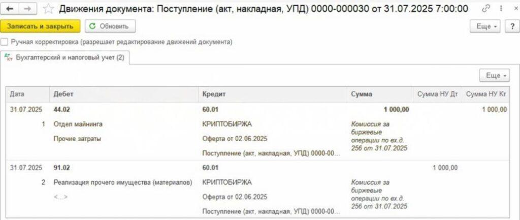Рис. 11. Пример проводки в 1С: движения документа «Поступление (акт, накладная, УПД) 0000-000030» — Дт 44.02 Кт 60.01 на 1 000 (Отдел майнинга, Прочие затраты) и Дт 91.02 Кт 60.01 на 1 000 (Реализация прочего имущества (материалов)), контрагент КРИПТОБИРЖА